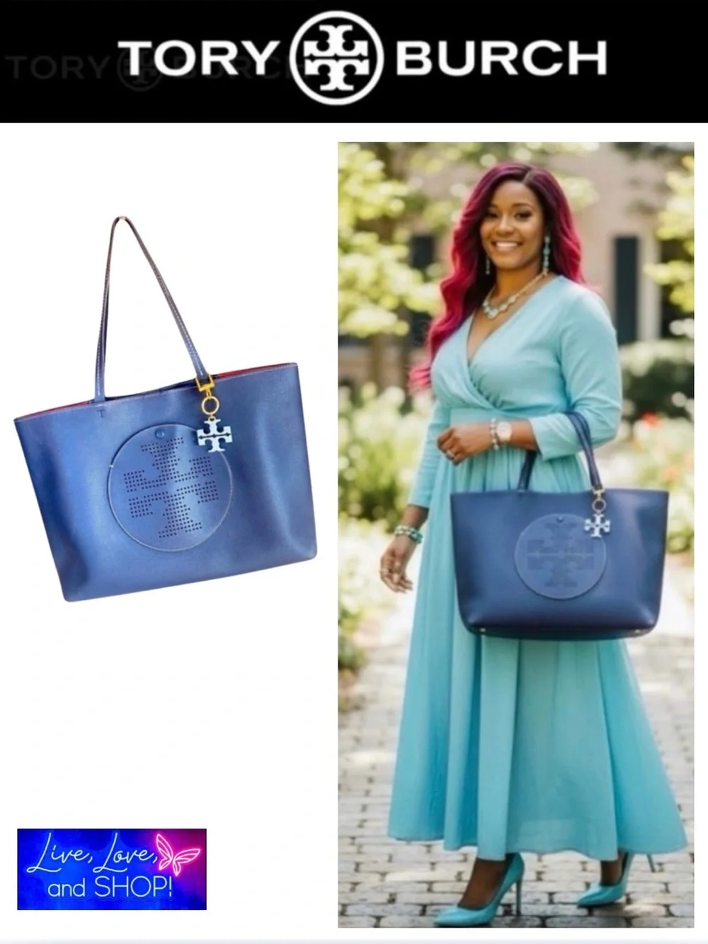 TORY BURCH Navy Blue Leather Perforated Logo Tote, Authentic. EUC